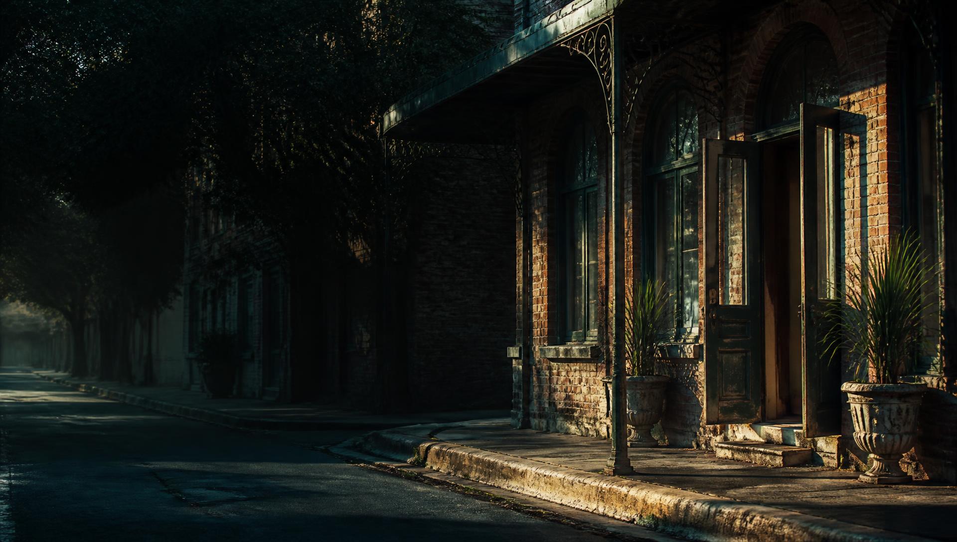 Historic brick Gulf Coast storefront with its door propped open in raking morning light