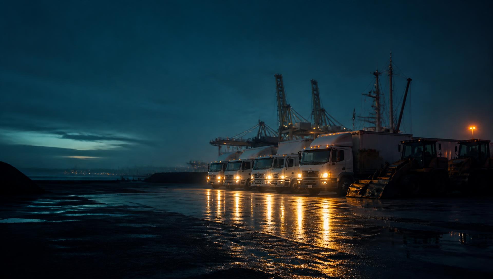 Box trucks and heavy equipment parked with headlights on at blue hour beside port cranes
