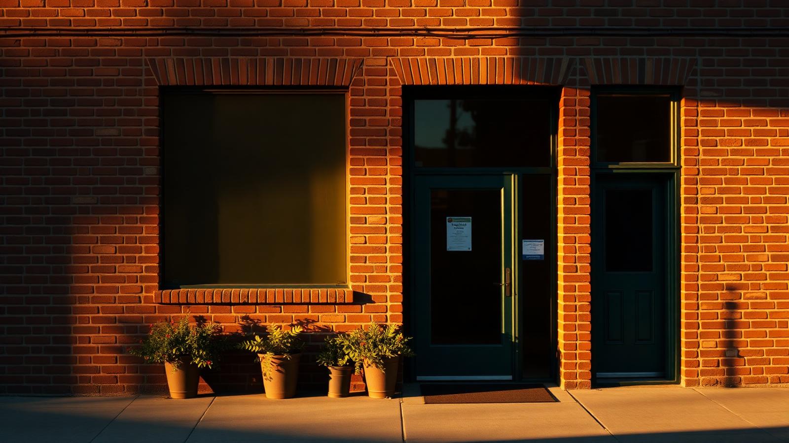 Historic brick storefront at opening time in raking morning light