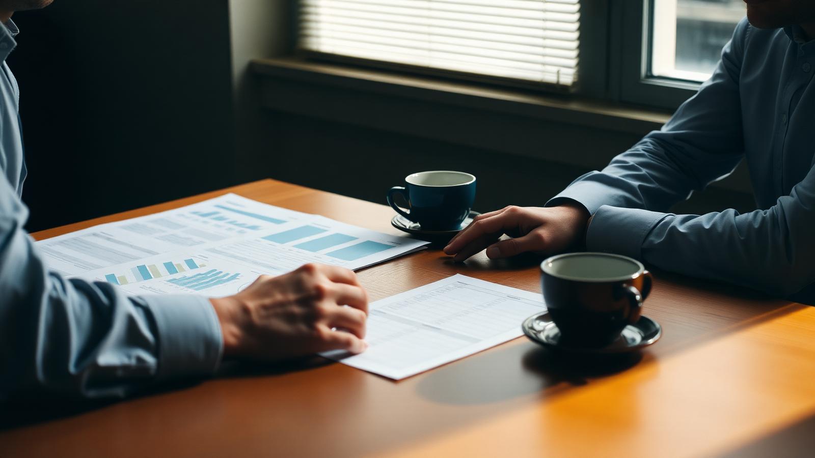 Two people reviewing printed financials across a wooden table